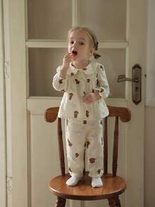 Vintaside Kids 女婴熊印花彼得潘领T恤和裤子 - 杏色 - 查看 8