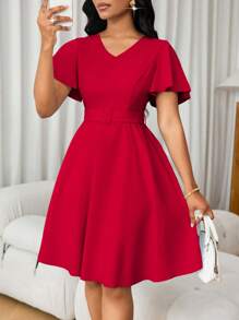 Lunelith SHEIN Lunessa Women's Solid Color A-Line V-Neck Short Sleeve Dress