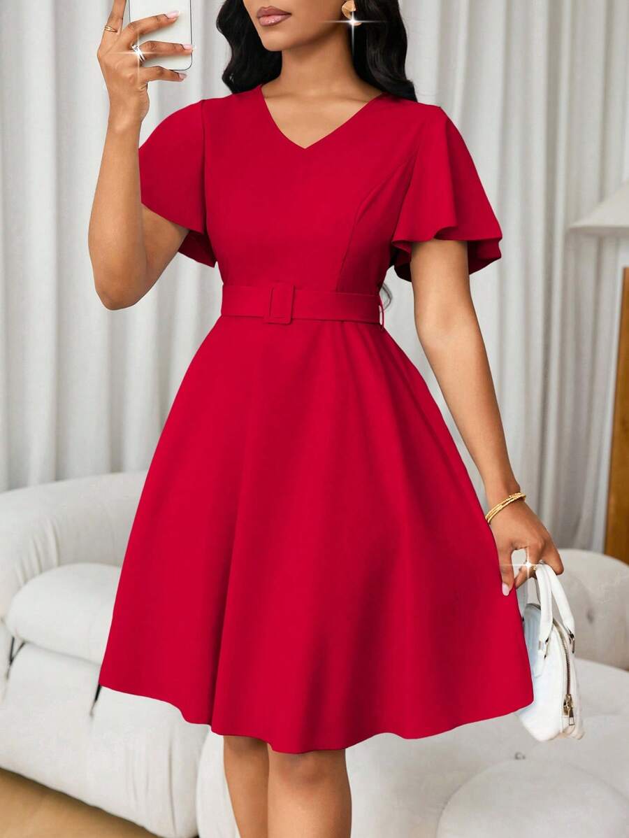 Lunelith SHEIN Lunessa Women's Solid Color A-Line V-Neck Short Sleeve Dress