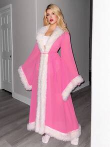 Sweetina Women's Blue Chiffon & Mesh Patchwork Faux Fur Collar Sheer Robe Sleepwear Sexy Faux Fur Jacket In Fall/Winter