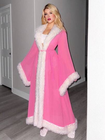 Sweetina Women's Blue Chiffon & Mesh Patchwork Faux Fur Collar Sheer Robe Sleepwear Sexy Faux Fur Jacket In Fall/Winter