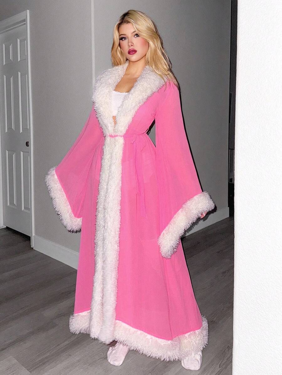 Sweetina Women's Blue Chiffon & Mesh Patchwork Faux Fur Collar Sheer Robe Sleepwear Sexy Faux Fur Jacket In Fall/Winter