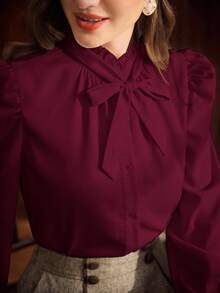 Vintamour 复古优雅女士衬衫，荷叶边领口、蝴蝶结袖口和褶皱细节设计，长袖休闲工作衬衫，适合秋季、返校季、冬季、办公室穿着，女士秋季上衣，长袖女装，冬季长袖衬衫，秋季女士上衣，田园风生日女士圣诞节衬衫，工作女式衬衫，新年情人节 - 玫瑰紅 - 查看 2