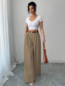SHEIN PETITE Fashionable Versatile Solid Color Wide Leg Pants Fall Cloth For Women - Khaki - View 6
