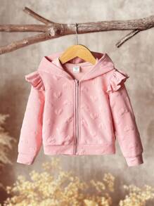 SHEIN Young Girl 3D Heart Pattern Ruffle Trim Zip Up Hooded Jacket,Autumn Winter. Fall - Pink - View 4