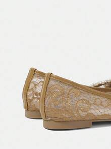 CUCCOO HITCHD 女士尖头平底鞋，珍珠、水钻链、蝴蝶结设计，优雅、浪漫、白色蕾丝新娘/伴娘鞋，适合婚礼、约会、下午茶 - 卡其色 - 查看 14