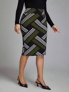 Chikora Plus Size Geometric Striped High Waist Bodycon Skirt - Army Green - View 5