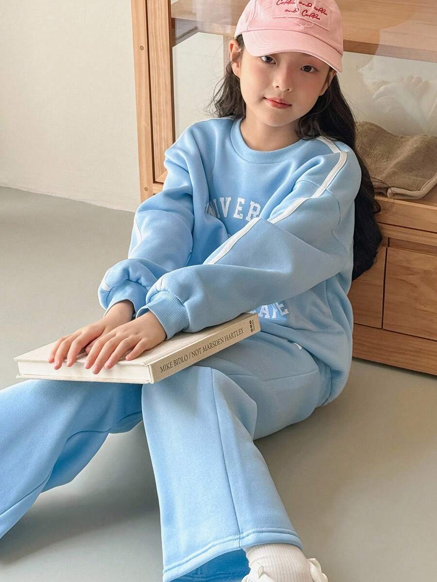 Genkimix Kids 2pcs/Set Girls White Letter Print Crew Neck Blue Knit Sweatshirt And Sweatpants Set, Suitable For Autumn/Winter Outings, School, Daily, Casual Wear Fall