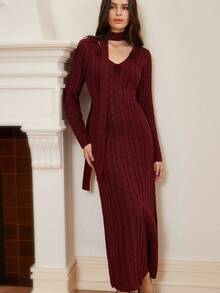 V领优雅性感3D花卉丝带腰部修身长袖毛衣连衣裙 - 中紫紅色 - 查看 5