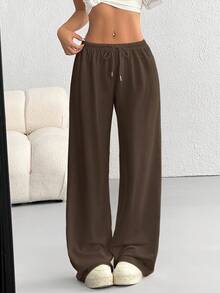 SHEIN PETITE CURVE 女士夏季简约前系带宽松运动裤，休闲日常穿着 - 巧克力棕 - 查看 6
