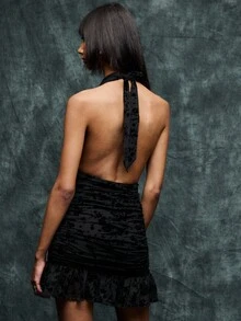 TypaGal Velvet Floral Ruched Dress Showcases Gothic And Fairycore Vibes For Fall Clothes Women. Its Dramatic Neckline Makes It A Standout Option For Halloween Costumes Or Autumn Party Outfits. Flattering For Wedding Guest Events And Winter Dresses, It Adds Elegance To Any Women's Fall Clothes Collection. - Black - View 2