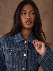 SHEIN BAE 女式秋冬休闲条纹长袖单排扣修身时尚牛仔夹克，秋季，女式牛仔夹克，音乐会，休闲女装，商务休闲女装，大码秋季服装，女式外出上衣，新款秋季时尚女装，老款女装