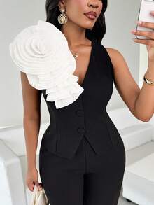 SHEIN Lady Black And White Two-Piece Suit,Summer Elegant Three-Dimensional Flower Top & Wide-Leg Pants,Holiday Dinner Business Casual Outfits For Women Work - Black - View 6