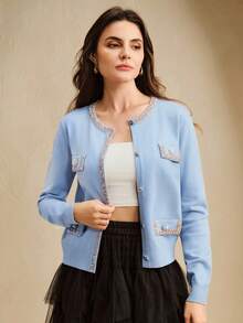 Anewsta Cardigan élégant pour femmes avec détail de rabat décoré de strass, automne