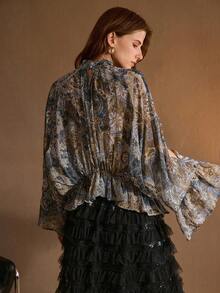 MOTF PREMIUM 女士雪纺面料花卉印花不对称荷叶边领衬衫 - 彩色 - 查看 3