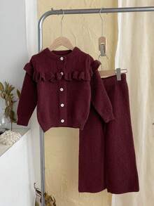 Sparklyn 青少年女孩时尚百搭通勤可爱休闲开衫和喇叭裤针织毛衣套装 - 咖啡棕 - 查看 8