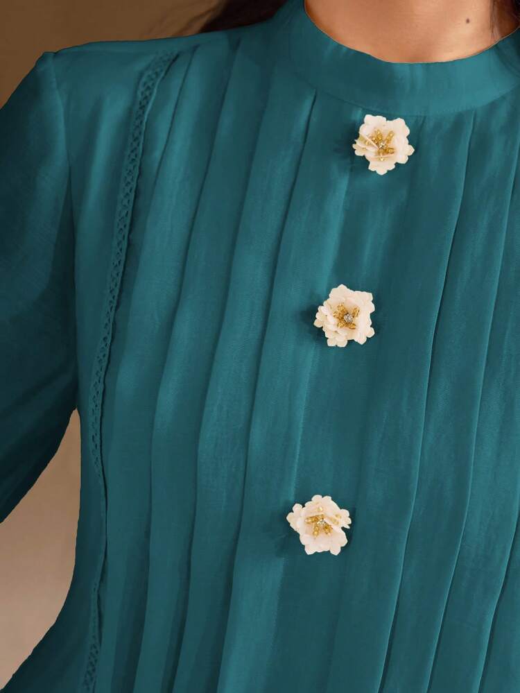 Veilorie Women's Elegant Floral Decor Stand Collar Lantern Sleeve Pleated Dress - Teal Blue - View 8