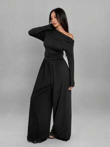 FavEase 女士休闲百褶宽松直筒斜肩长袖连体裤，适合春秋季 - 黑色 - 查看 5