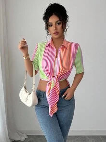 SHEIN LUNE 女士夏季条纹短袖单排扣休闲衬衫 - 彩色 - 查看 4