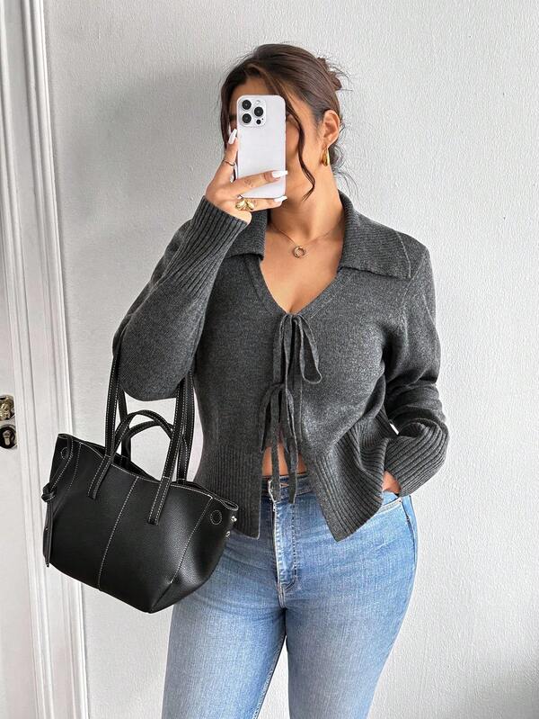 SHEIN Frenchy Plus Size Casual Minimalist Collegiate Style All-Match Versatile Gray V-Neck Front Tie Knit Cardigan For Women Fashionable Outfits For Women Grey Blouse Grey Cardigan Grey Tops For Women Grey Tie Front Top/Winter