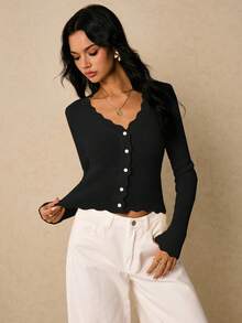 Poéselle Áo len tay dài cắt ngắn viền vỏ sò thời trang thu đông cho nữ - màu đen - Xem 5