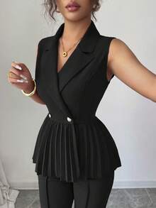 Selianne 2件套优雅浪漫褶皱腰A字形无袖女士西装套装 - 黑色 - 查看 3