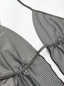 Y2Kool Women's Metallic Plaid Foil Print Backless Halter Top, Suitable For Party, Holiday, Evening Event Checkered Casual Stylish Collection New Year - Silver - View 4