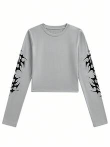 Shutterstock Y2Kool 女士Y2K荆棘印花长袖紧身上衣搭配灵感，冬季时尚服装系列，新年穿搭，纯棉材质 - 灰色 - 查看 3