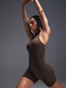 Powerista 女式简约拉链抽绳腰运动连体裤，夏季 - 咖啡棕 - 查看 7