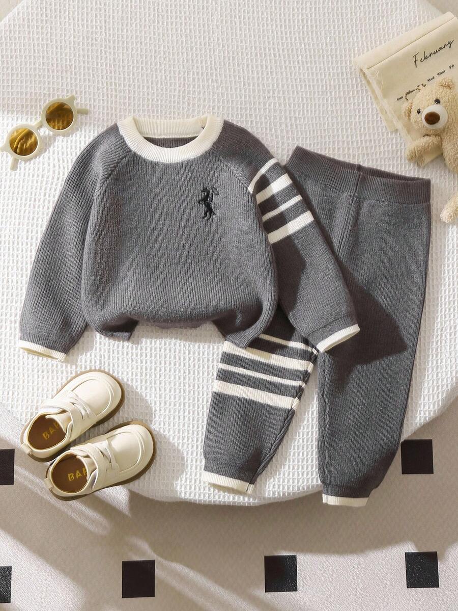 Souflis Souflis Baby Boy Striped Crew Neck Raglan Sleeve Sweater And Knit Pants Set, Autumn Fall Winter