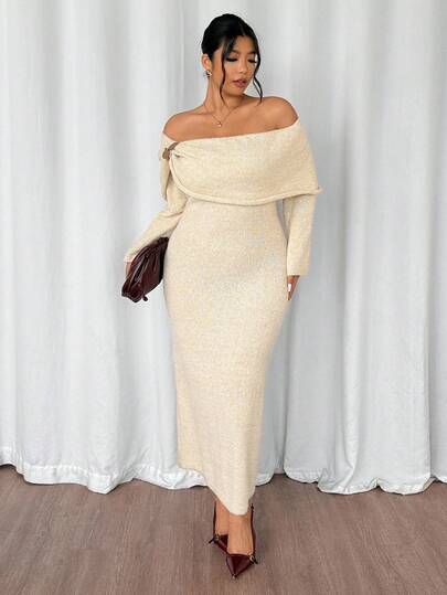 Firerie Plus Size Women's Solid Color Pleated Off Shoulder Long Sleeve Fitted Elegant Knit Dress, Autumn Sweater Dress Bodycon Midi Dress Off Shoulder Dress Long Sleeve Elegant Dress Elegant Midi Dress/Winter