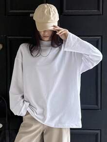 DAZY 女士宽松商务休闲基本款纯色长袖T恤，秋冬 - 白色 - 查看 4