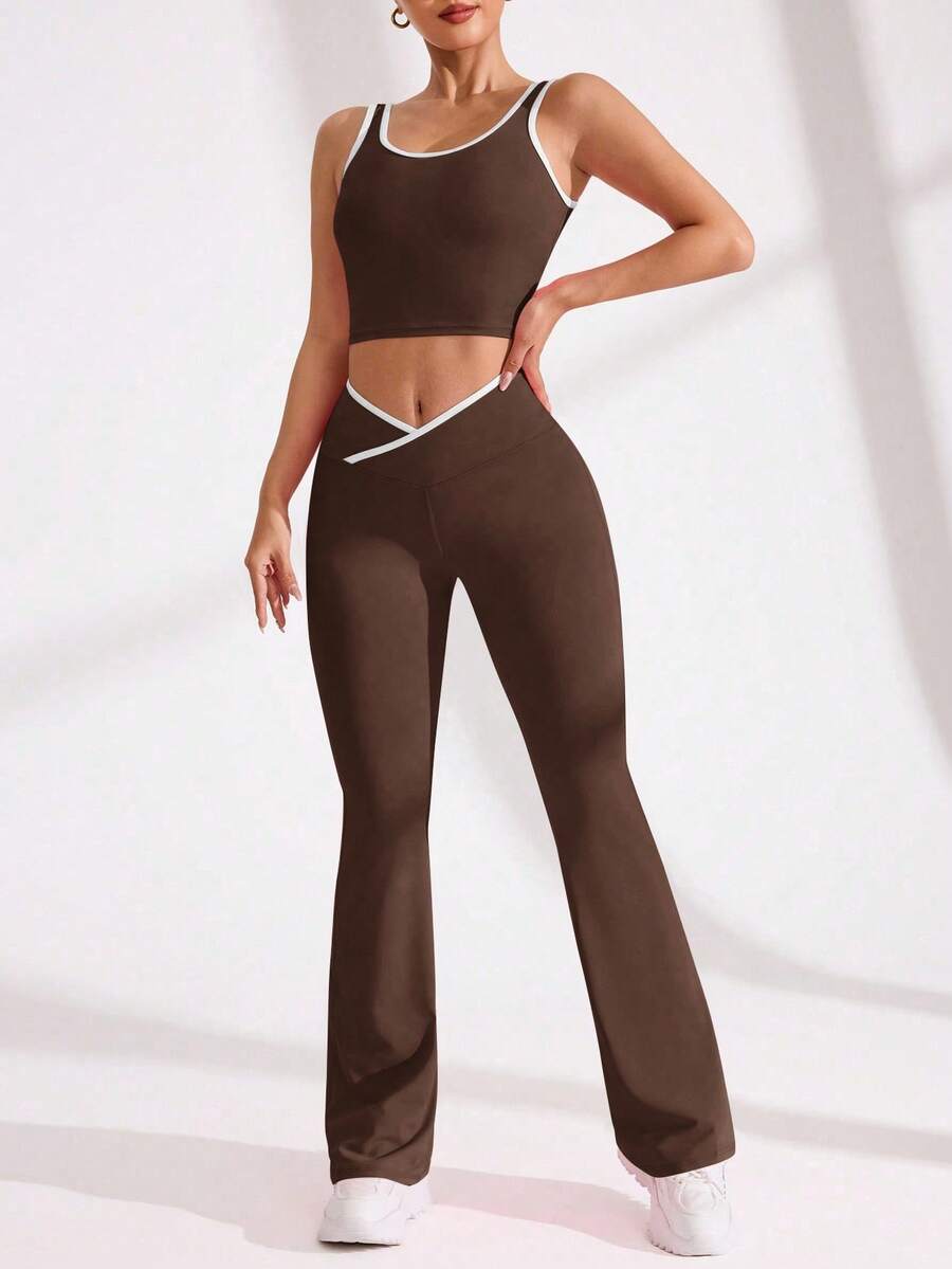 SHEIN 女式运动休闲撞色边背心和裤子套装 - 咖啡棕 - 查看 1