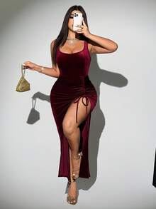 Viva Relle Damen Große Größen elegantes einfarbiges Samt-Stoff Maxikleid mit hohem Kragen, hohem Schlitz, Kordelzug-Design, vielseitig einsetzbar mit Schleife für Party, Geburtstag - Bordeaux - Übersicht 6