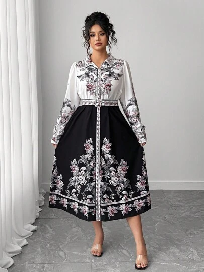 Elenzga Plus Size Color Block Print Belted Shirt Dress Fall Cloth For Women
