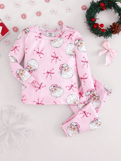 SHEIN 2pcs Baby Girl Snug Fit Christmas Santa Claus & Bow Graphic Round Neck Long Sleeve T-Shirt And Pajama Pants Set, Soft & Comfortable Sleepwear Fall Winter