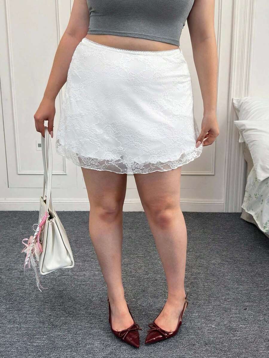 SHEIN EZwear 大码性感蕾丝和网眼迷你裙 - 白色 - 查看 1