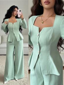 Elenzga 女士优雅高端华夫格针织领长袖开衫和阔腿裤两件套 - 綠色 - 查看 1
