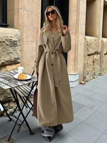 Aloruh Women's Casual Double-Breasted Belted Trench Coat, Autumn,Women Fall Jackets, - Coffee Brown - View 1