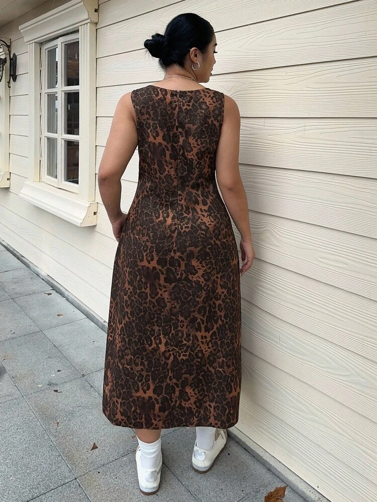Dazy Plus Leopard Print Sleeveless Dress, Versatile Street Style, Spring/Autumn