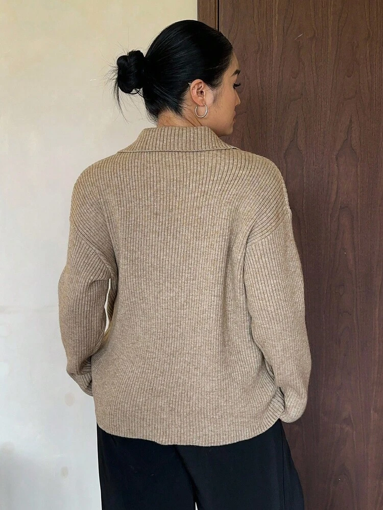 Dazy Plus Ribbed V-Neck Tie Front Loose Plus Size Women Casual Pullover Sweater, Autumn/Winter