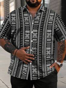 Manfinity Homme 大码男士几何印花休闲度假衬衫 - 黑與白 - 查看 1