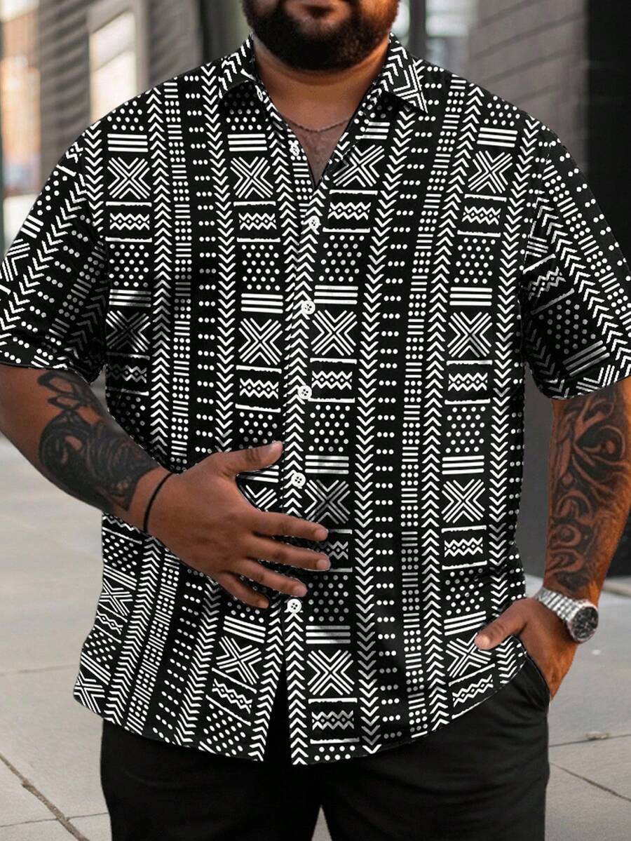 Manfinity Homme 大码男士几何印花休闲度假衬衫 - 黑與白 - 查看 1