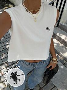 Siren Gaze 女士休闲圆领无袖短款背心，刺绣标志，百搭，适合夏季 - 白色 - 查看 1
