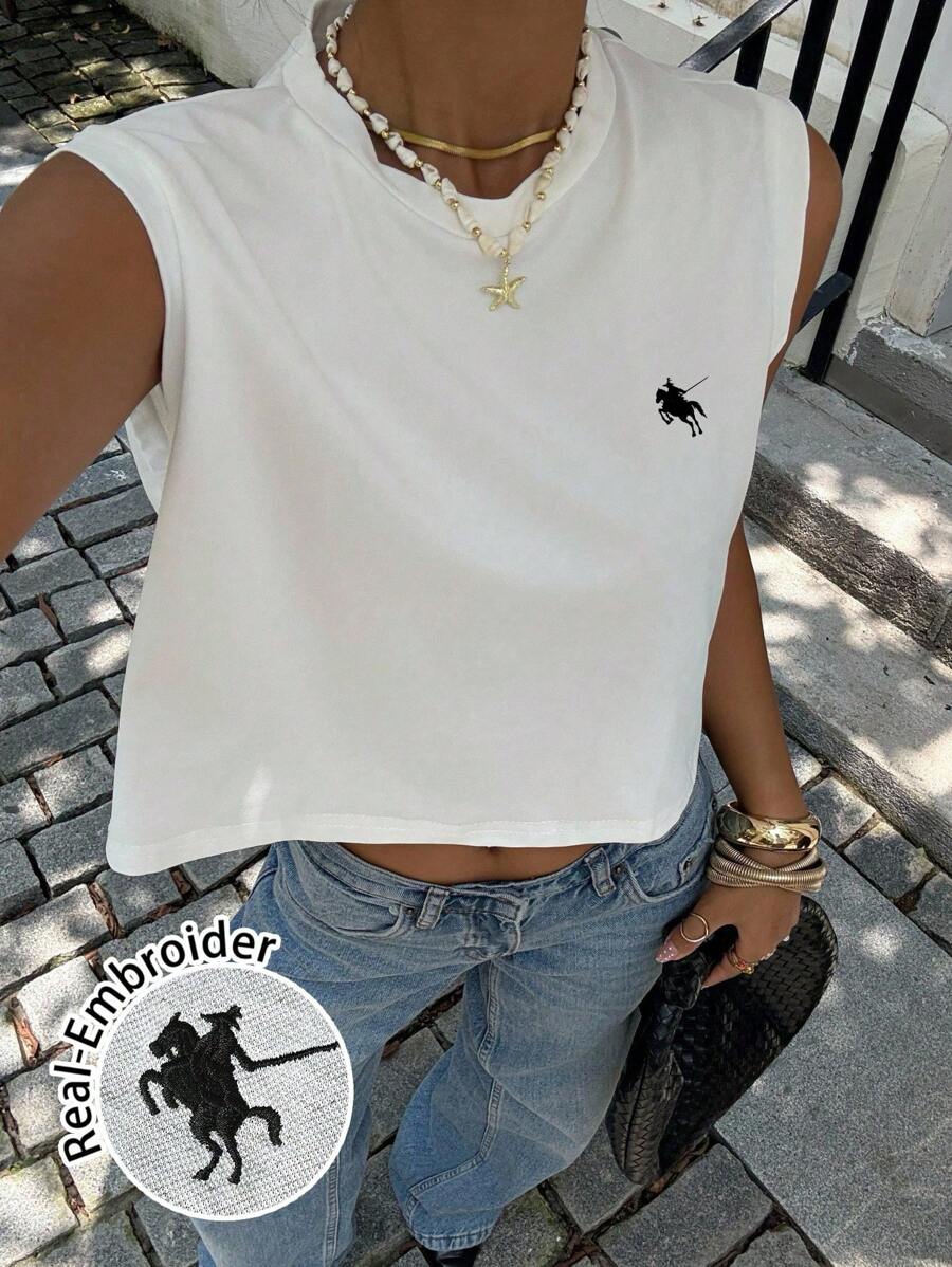 Siren Gaze 女士休闲圆领无袖短款背心，刺绣标志，百搭，适合夏季 - 白色 - 查看 1