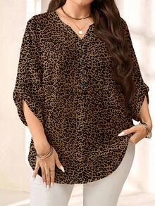 EMERY ROSE Camisa de mujer de talla grande con estampado de leopardo de 3/4 de manga, adecuada para ir al trabajo y salidas de otoño - Multicolor - Ver 1