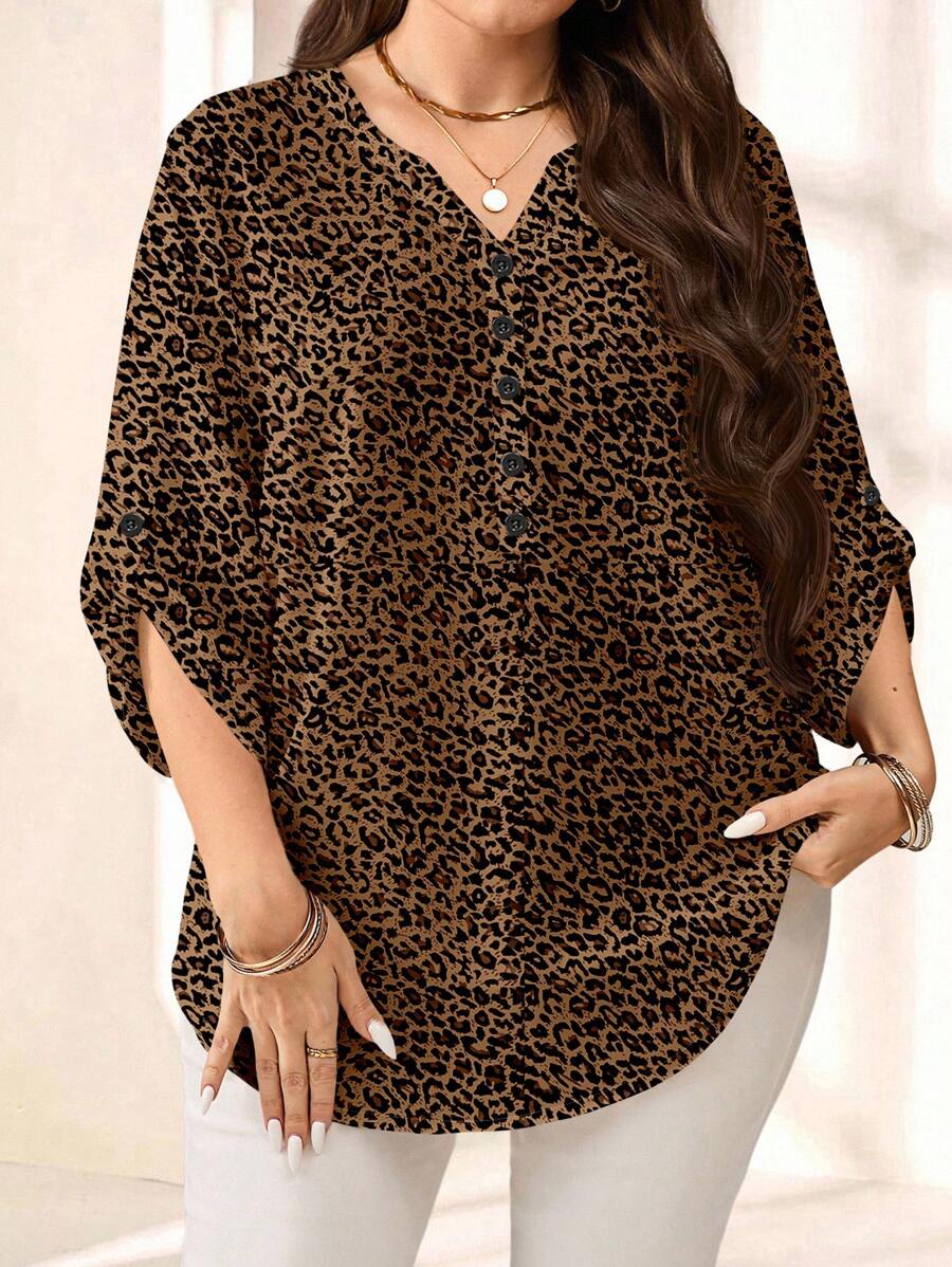 EMERY ROSE Camisa de mujer de talla grande con estampado de leopardo de 3/4 de manga, adecuada para ir al trabajo y salidas de otoño - Multicolor - Ver 1