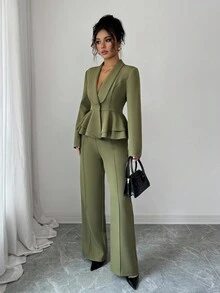 Elenzga Áo khoác Blazer tay dài cổ bẻ thanh lịch cổ điển dành cho nữ, bộ 2 món công sở lãng mạn, xuân/thu - xanh quân đội - Xem 6