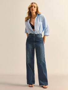 Daynim Calça Jeans Feminina Straight Reta Cintura Alta - Lavagem Média - Visão 4