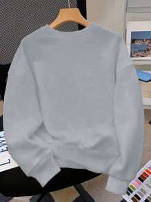 SHEIN Leap Crew Tween Girls Casual Loose Fit Letter Print White Long Sleeve Crew Neck Thick Sweatshirt, Suitable For Autumn/Winter Fall - Grey - View 2